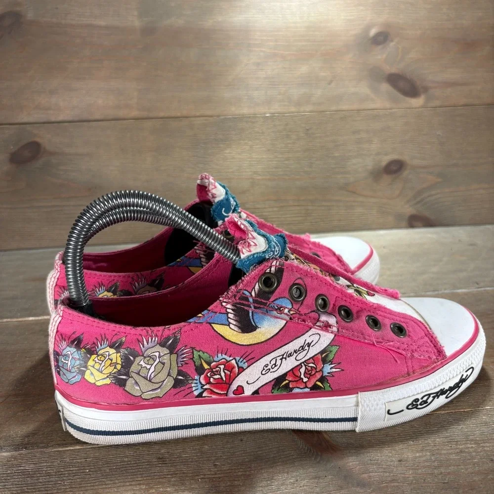 Ed Hardy Womens size 7 shoes Pink Canvas Skull Rose Tattoo sneakers
